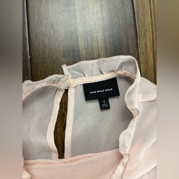 Sheer Pink size S Ruffle Mock Neck Blouse Top Long Sleeve Balloon Sleeves Cuff - Picture 5 of 8